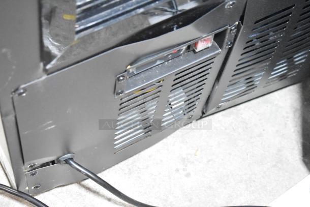 2025 Avantco 178DLC82HCB 82" Black Curved Glass Refrigerated Deli Case, showing ventilation grille and power cord.