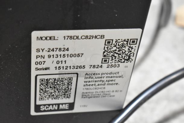 Avantco 178DLC82HCB label with model, serial number, and QR code for user manual and warranty access.