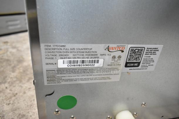 Brand new Avantco 177CO46M convection oven label; features moisture injection; 208/240V, 1 phase; 4.4 cu. ft. capacity.