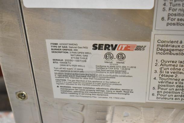 Brand new ServIt 423GST3WENG stainless steel steam table, three-pan open well, natural gas, 10,500 BTU, scratch and dent condition.