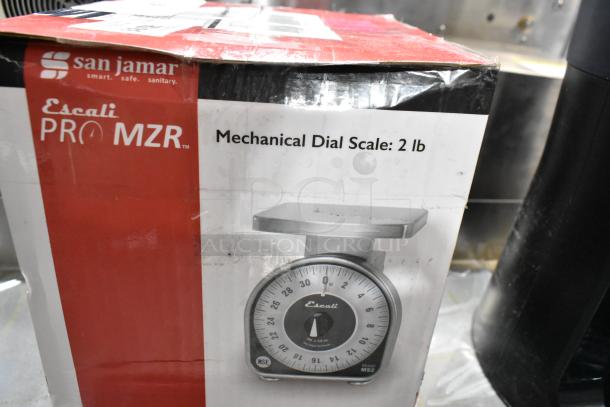 Brand new San Jamar Escali Pro MZR SCMDL2 2 lb. mechanical dial kitchen scale in box, scratch and dent condition.
