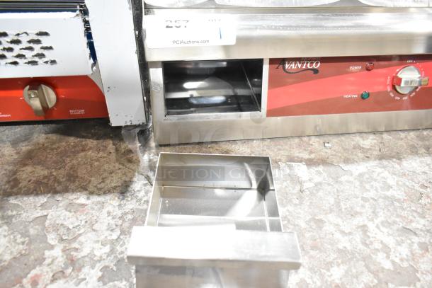 Stainless steel Avantco 177EG30N electric countertop griddle with red control panel and power switches, in brand new condition.