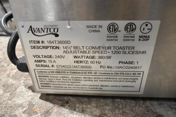 Brand new Avantco 184T3600D commercial conveyor toaster, 14.5" wide, 3" opening, 1200 slices/hr, 240V, 1 Phase, label shown.