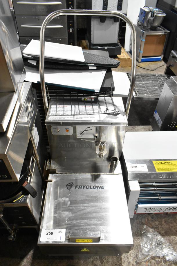 Brand new Fryclone 259OFM55 55 lb. fryer oil filter machine, low-profile design, 2-way pump, on commercial casters, 120V.