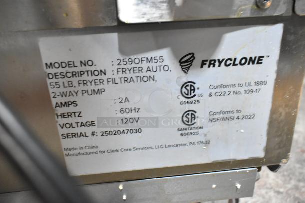 Close-up of Fryclone 259OFM55 label showing model, description, 120V, 2A, 60Hz, and certifications for fryer oil filter machine.