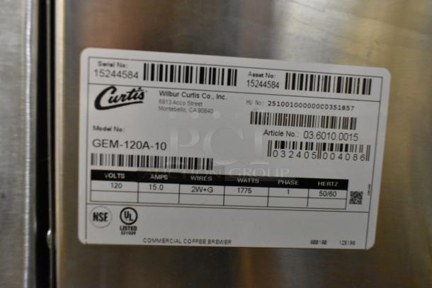 Label on Curtis GEM-120A-10 Gemini Stainless Steel Coffee Brewer showing model number, 120V, 15A, and UL certification.