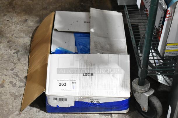 Box of Choice 10 lb. blue heavy-duty plastic ice bags, brand new scratch and dent, 1,000 per case.