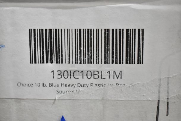 Barcode label for 130IC10BL1M, showing "Choice 10 lb. Blue Heavy Duty Plastic Ice Bag - 1,000/Case."