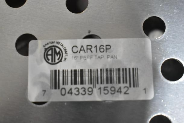 Brand new American Metalcraft CAR16P 16" perforated aluminum pizza pan with barcode and label, showing minor scratches.