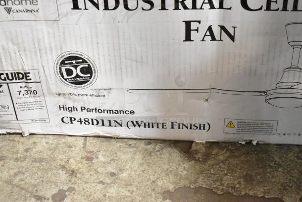Brand new Canarm 48" white industrial ceiling fan, model CP48D11N. High performance, 7370 CFM. Scratch and dent condition.