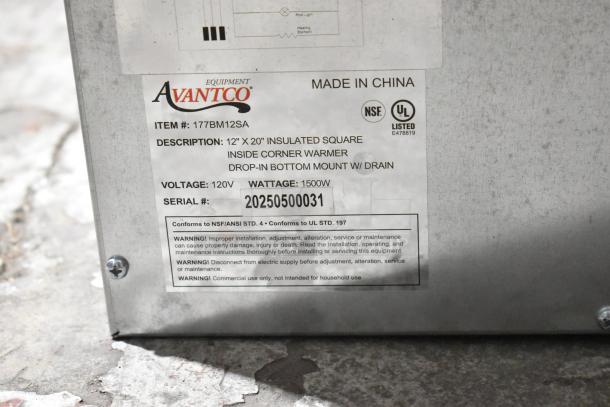 Avantco Stainless Steel Hot Food Well Model 177BM12SA, 120V, 1 Phase. Brand new with some scratches. Features drain, square corners.
