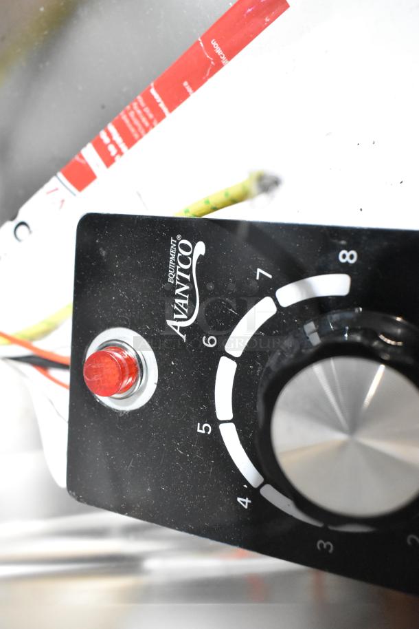 Brand new Avantco 177BM12SA stainless steel hot food well control panel, showing brand logo and temperature dial.