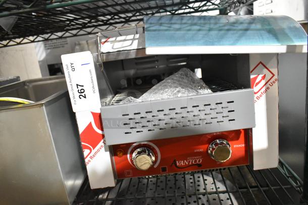 Avantco 184T140 stainless steel conveyor toaster, 10" wide, 300 slices/hr, 3" opening, 120V, new with scratches and dents.