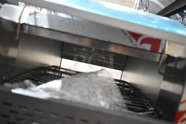 Brand new Avantco 184T140 stainless steel conveyor toaster, 10" wide with 3" opening visible, suitable for commercial use.