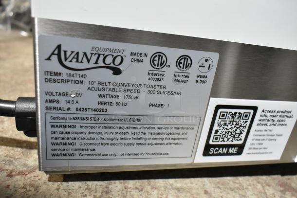 Brand new Avantco 184T140 stainless steel 10" conveyor toaster, 120V, 300 slices/hr, with visible label details.