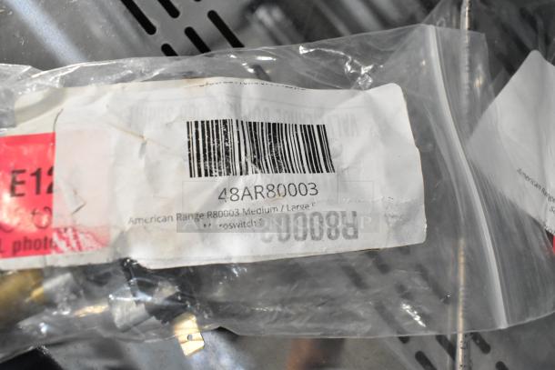 Plastic bag with label showing American Range R80003 Medium/Large Burner Gas Valve, 48AR80003, for ARR-4842GDDF.