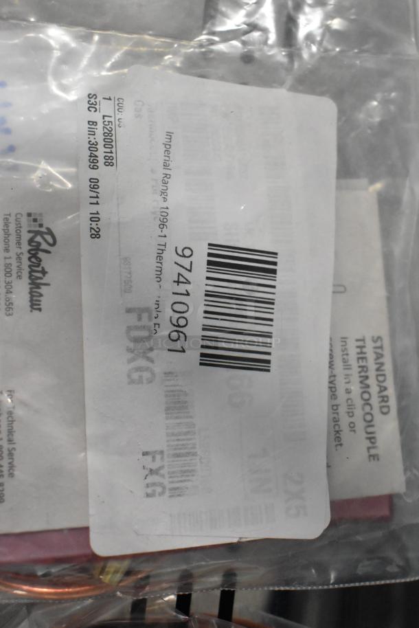4 new scratch and dent items: Hatco T-Stat Probe, Imperial Range Thermocouple, Ignitor Wire, Hatco Lamp Hold. Tags visible.