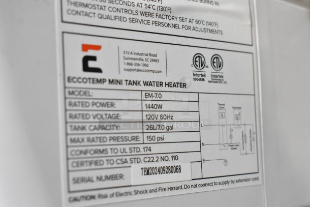 Eccotemp EM-7.0 7 Gallon Electric Mini-Tank Water Heater, 1440W, 120V, certified, UL-listed, slight scratch and dent.