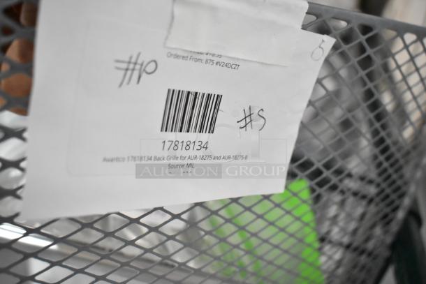 Avantco 17818134 Back Grille for AU-72R and AWT-72R with visible barcode and handwritten markings on paper tag.