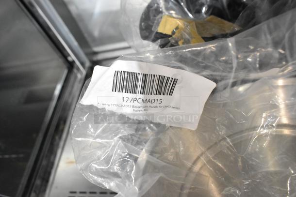 Brand new Avantco 177PCMAD15 basket with handle in original packaging, tag visible with product details and barcode.