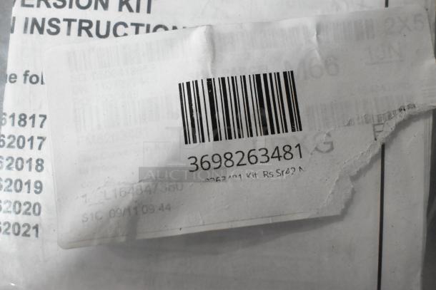 Barcode labeled "3698263481" on Frymaster kit packaging. Serial and item numbers listed. Scratch and dent condition.