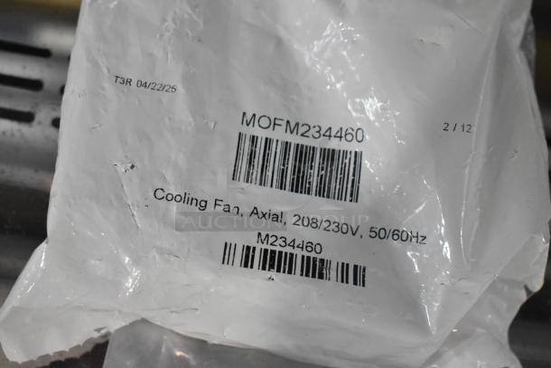 Moffat M234460 Axial Cooling Fan packaging, labeled 208/230V, 50/60Hz. Barcodes and part number visible.