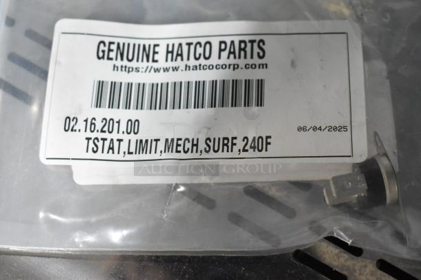 Hatco 02.16.201.00 Hi-Limit Thermostat, new in package. Label shows mechanical, surface-mount disc, rated 240F.