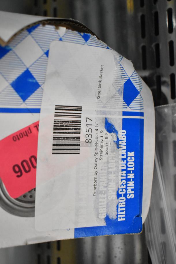 Dearborn by Oatey Spin-N-Lock 4 1/2" stainless steel sink basket strainer packaging with barcode 83517 visible.