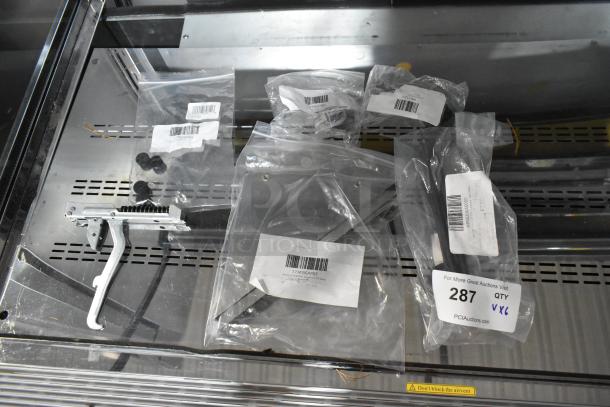 6 brand new scratch and dent items, including Hatco Element and Imperial Fan Switch, each in clear packaging with labels.