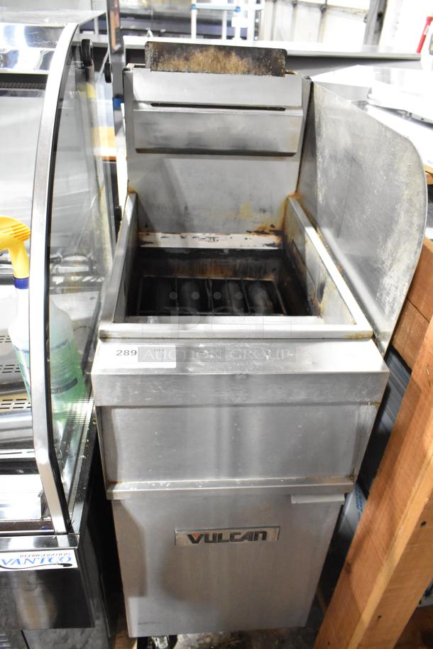 Vulcan 1GR45M-1 stainless steel deep fat fryer on casters, commercial use, visible wear, model marking on front.