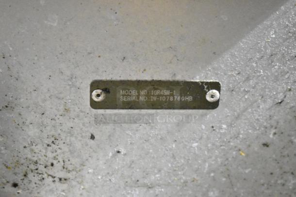 Vulcan 1GR45M-1 stainless steel commercial deep fat fryer with serial number plate visible, showing model and serial numbers.