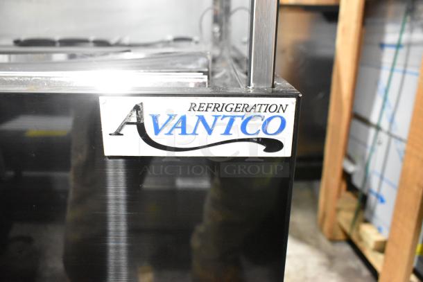 Avantco 193HAC51B black horizontal air curtain merchandiser, 47 3/16", with LED lighting and 1 shelf. Visible brand label.