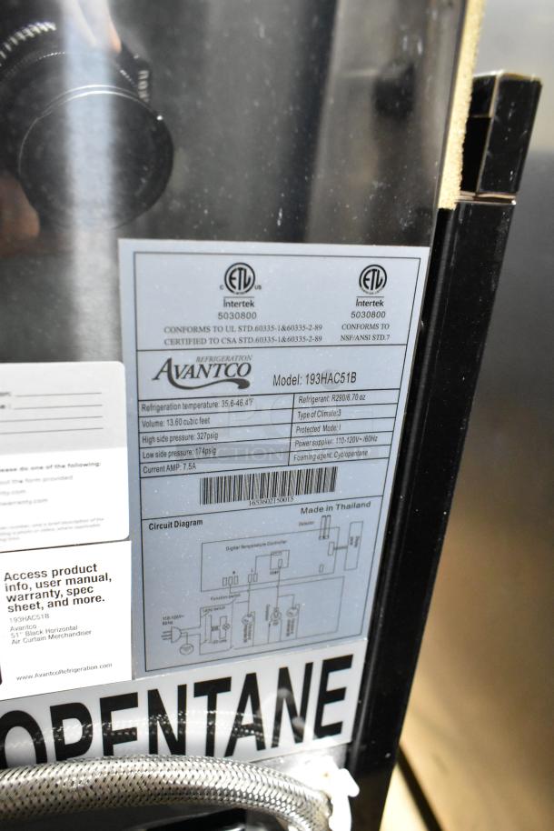 Avantco 193HAC51B label showing model details, refrigeration specs, voltage (115V), and certification info.