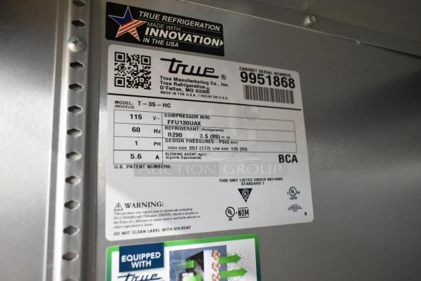 2020 True T-35-HC cooler label, 115V, 1PH, R290 refrigerant, NSF/ANSI Standard 7, serial number 9951868, 5.6A.