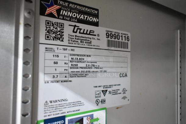 2020 True T-19F-HC freezer label showing model, voltage, phase, refrigerant type, and certifications.