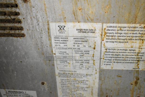 Bakers Pride 456GDCOER21 convection oven label, showing model info, serial number, voltage, and phase details.