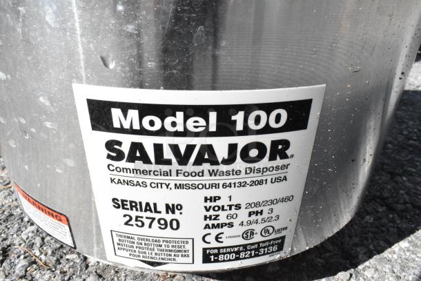 Salvajor Model 100 stainless steel commercial garbage disposal, 208/230/460 volts, serial number 25790.