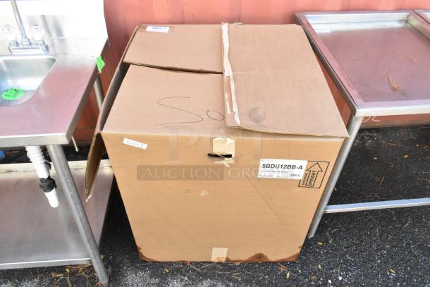 Cardboard box containing Fantech 5BDU12BB-A metal upblast roof fan, labeled, in original packaging, sealed.