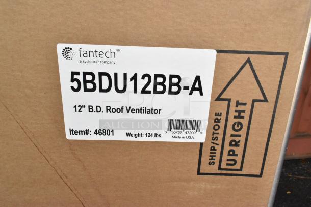 Fantech 5BDU12BB-A upblast roof fan in original box, 12" B.D. Roof Ventilator, item #46801, 124 lbs, Made in USA.