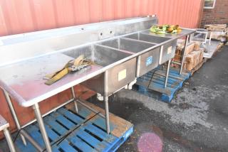 Stainless Steel 3 bay sink with dual drain boards, durable condition, featuring visible utility labels and VEVOR straps.