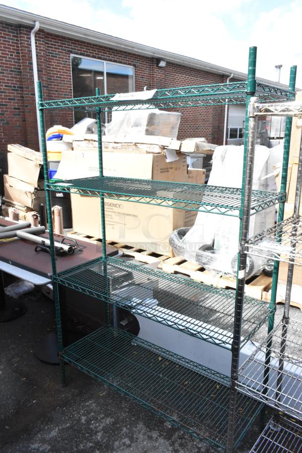 Green finish 4-tier wire shelving unit, outside setting, buyer must dismantle, consider freight charges.