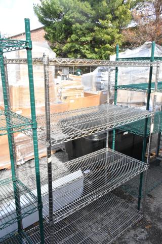 Chrome finish 4 tier wire shelving unit, used, outdoor setting. Buyer must dismantle, consider freight charges.