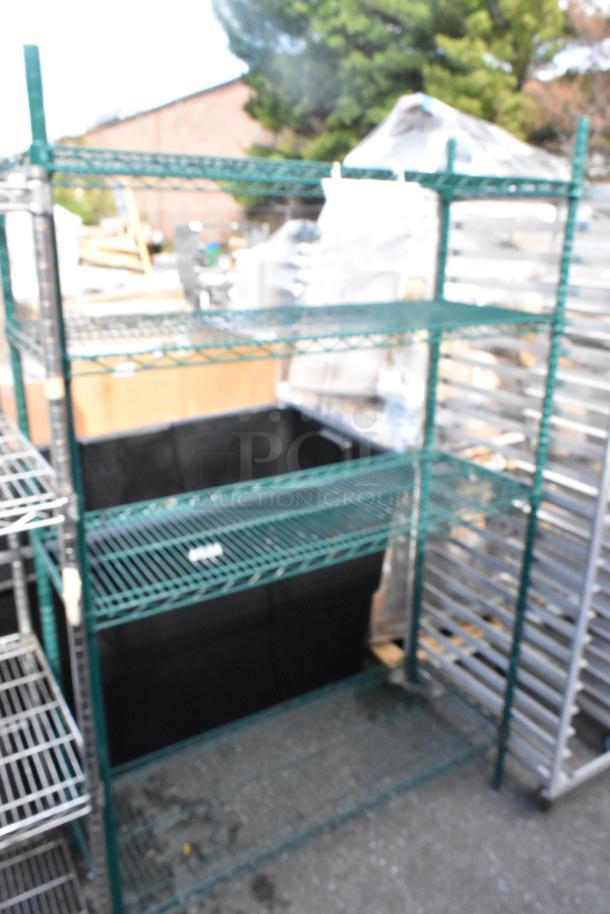 Green 4-tier wire shelving unit, good condition. Buyer must dismantle. Consider freight charges.