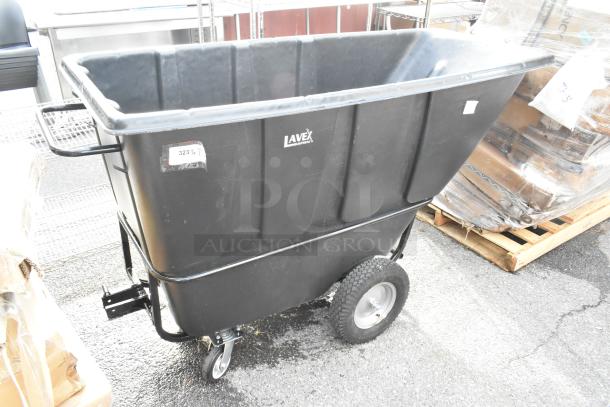 BRAND NEW Lavex black poly tilt truck, scratch and dent condition, with wheels and handle, labeled for industrial use.