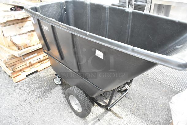 Brand new Lavex Black Poly Tilt Truck, featuring durable construction and large capacity. Slight scratches noted.