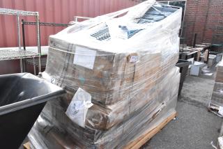 Scratch and dent lot with Regency 25" mop sink, dish cabinet, 600ES3024G table, Steelton shelf kit. New condition.