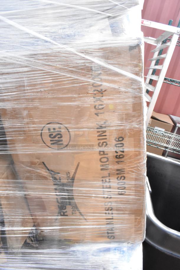 Brand new scratch and dent lot, includes Regency 25" mop sink, 15" dish cabinet, 600ES3024G table, Steelton shelf kit, wrapped.