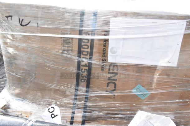Packaged lot including Regency floor mop sink, dish cabinet, 600ES3024G table, Steelton wire shelf kit. Marked with model code.