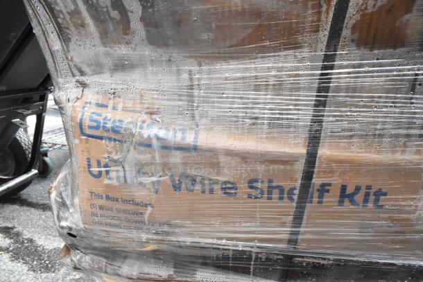New Regency stainless steel items and Steelton wire shelf kit, scratch and dent condition, wrapped, labeled for components.