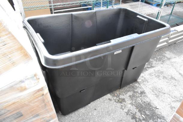 Brand new Lavex black poly tilt truck with minor cosmetic scratches. Durable and spacious for efficient material handling.